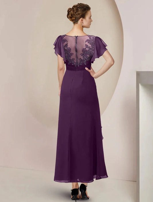 A-Line Mother of the Bride Dress Formal Wedding Guest Elegant Scoop Neck Tea Length Chiffon Lace 3/4 Length Sleeve with Beading Sequin Appliques by YiHuiw
