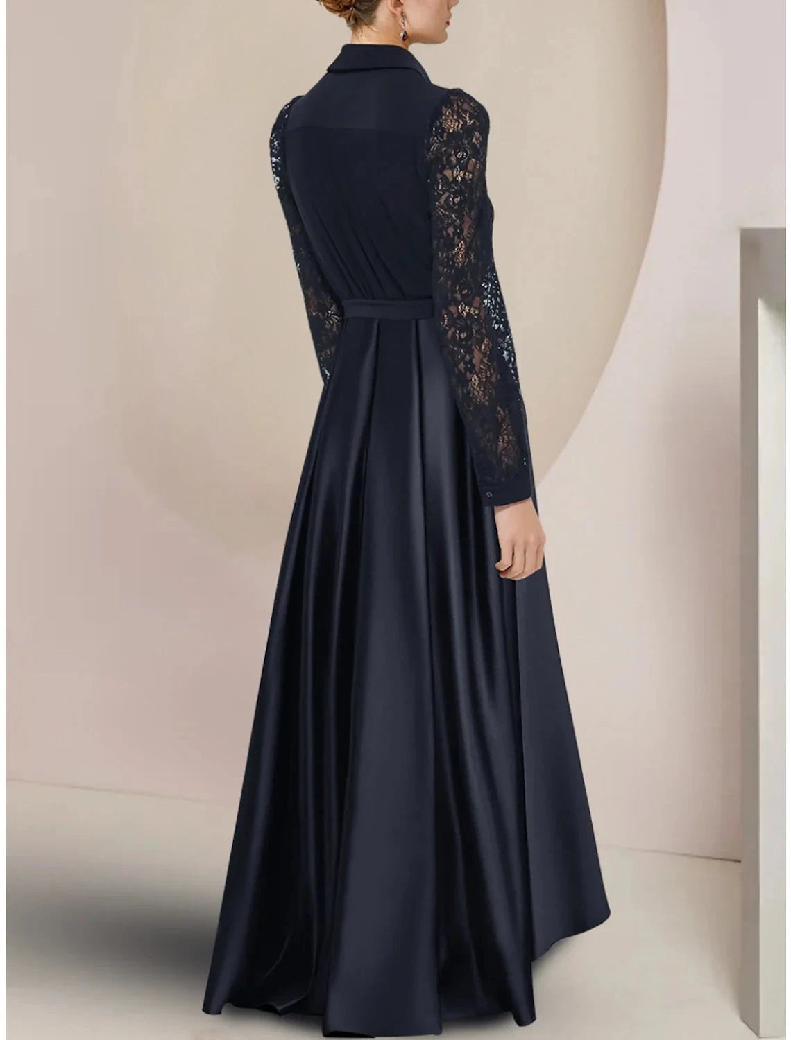 A-Line Mother of the Bride Dress Wedding Guest Party Elegant Shirt Collar Asymmetrical Floor Length Satin Long Sleeve with Lace Bow(s) Ruching by YiHuiw
