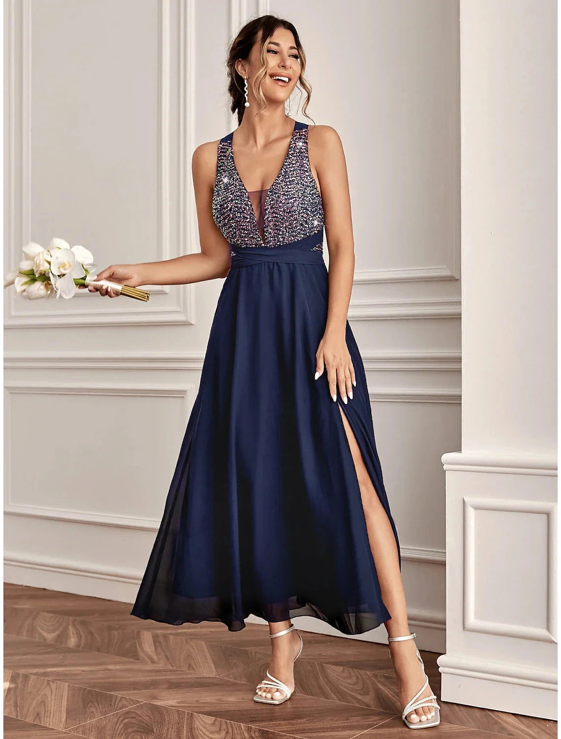 A-Line Wedding Guest Dresses Sparkle & Shine Dress Holiday Cocktail Party Ankle Length Sleeveless V Neck Sequined with Sequin Slit by YiHuiw