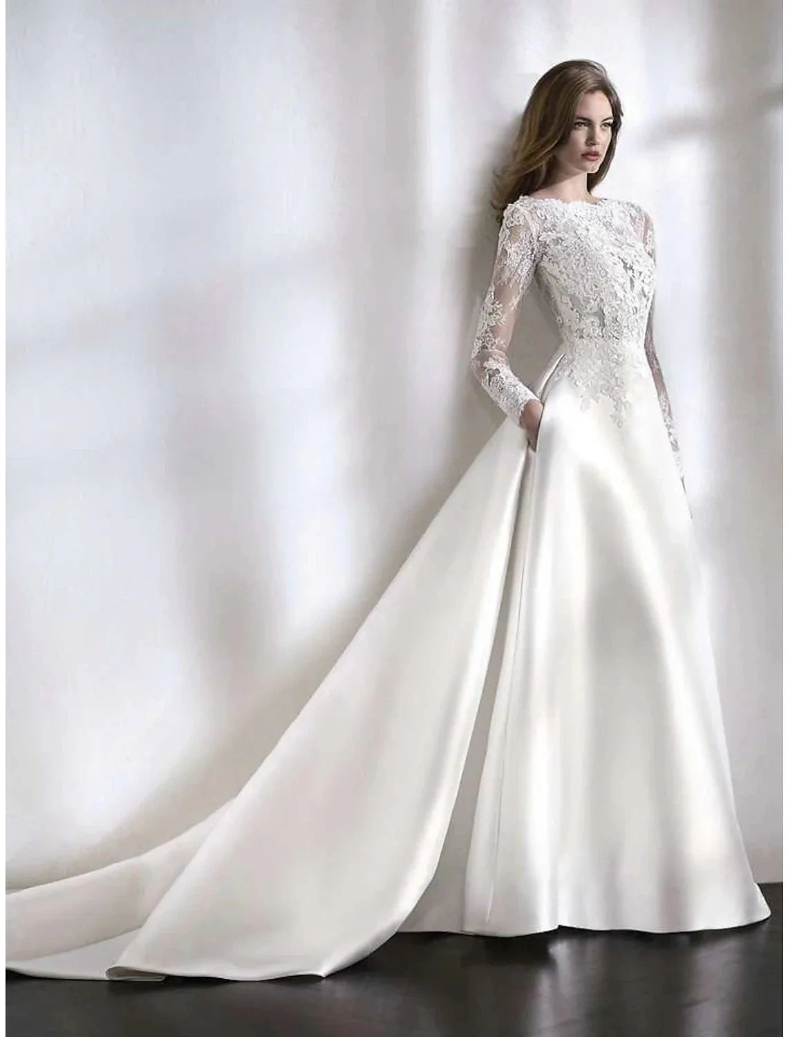 Reception Formal Fall Wedding Dresses A-Line Illusion Neck Long Sleeve Chapel Train Satin Bridal Gowns With Lace Pleats Summer Wedding Party Women's Clothing by YiHuiw