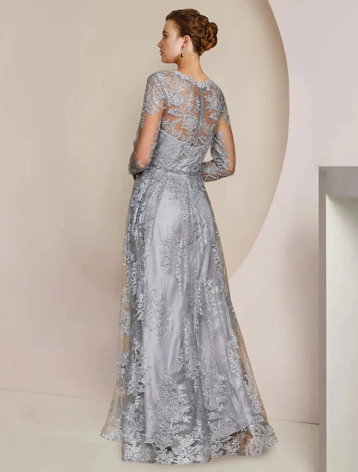 A-Line Mother of the Bride Dress Formal Wedding Guest Elegant V Neck Floor Length Tea Length Lace Long Sleeve with Appliques Crystal Brooch by YiHuiw