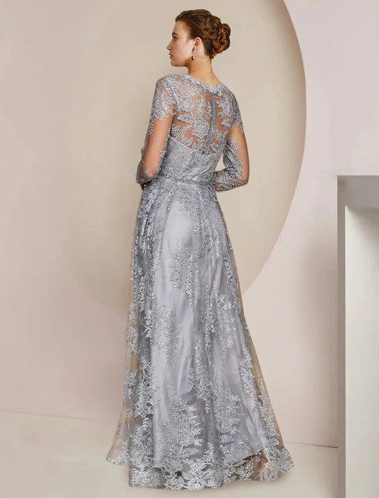 A-Line Mother of the Bride Dress Formal Wedding Guest Elegant V Neck Floor Length Tea Length Lace Long Sleeve with Appliques Crystal Brooch by YiHuiw