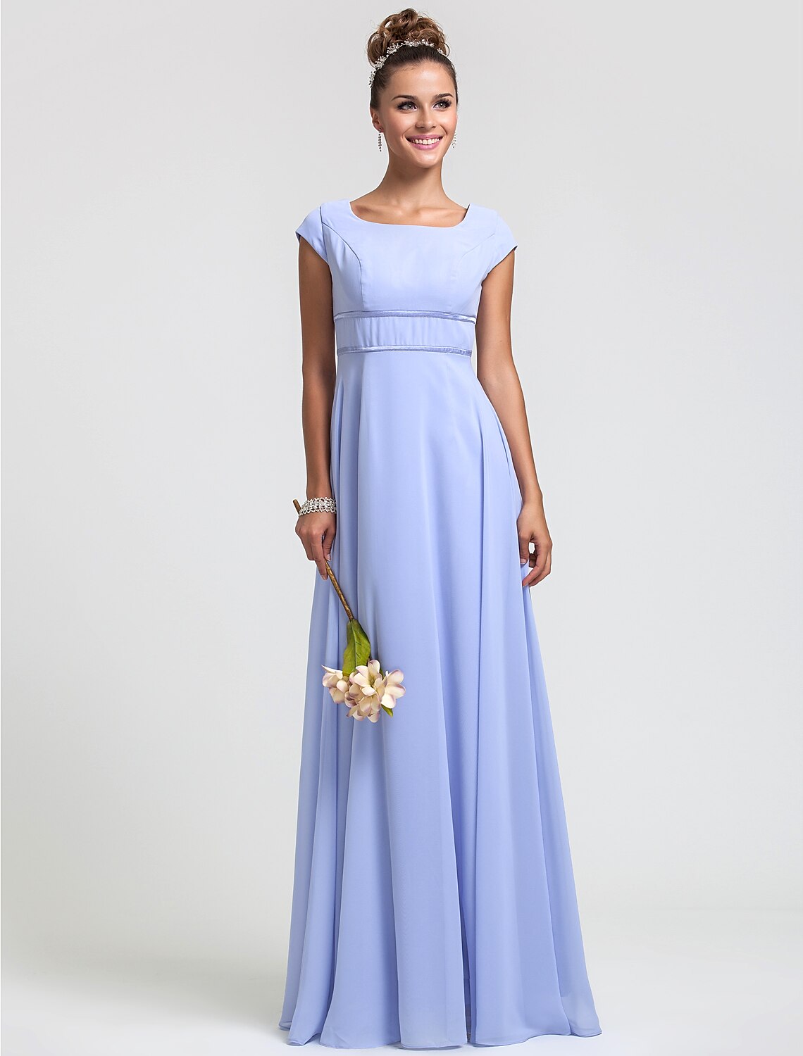 Sheath / Column Bridesmaid Dress Square Neck Short Sleeve Elegant Floor Length Chiffon with Sash / Ribbon / Pleats by YiHuiw