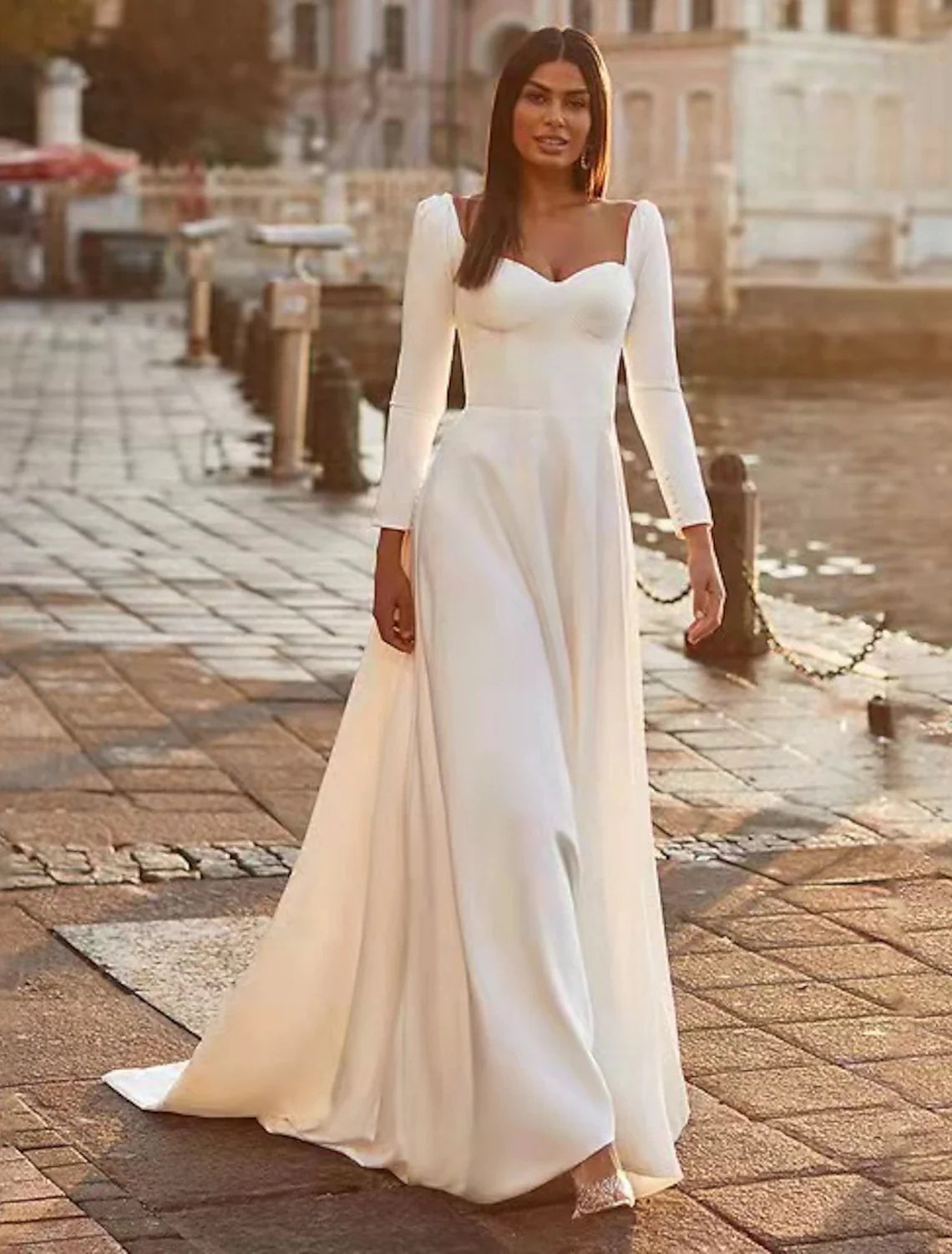 Reception Royal Style Casual Wedding Dresses A-Line Sweetheart Long Sleeve Sweep / Brush Train Satin Bridal Gowns With Solid Color   Summer Wedding Party  Women's Clothing