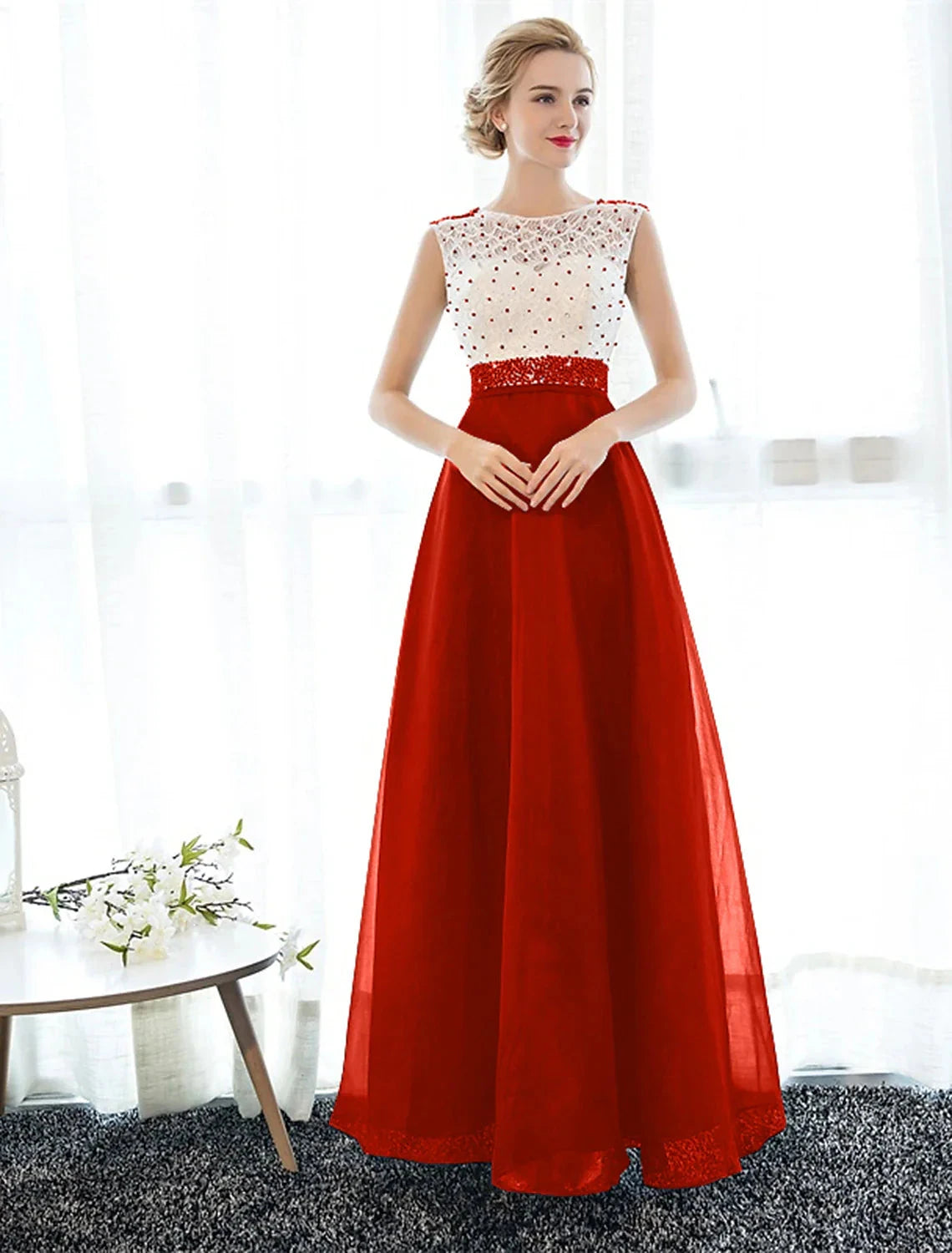 A-Line Beautiful Back Elegant Beaded & Sequin Prom Formal Evening Dress Illusion Neck Sleeveless Floor Length Tulle Over Lace with Beading by YiHuiw