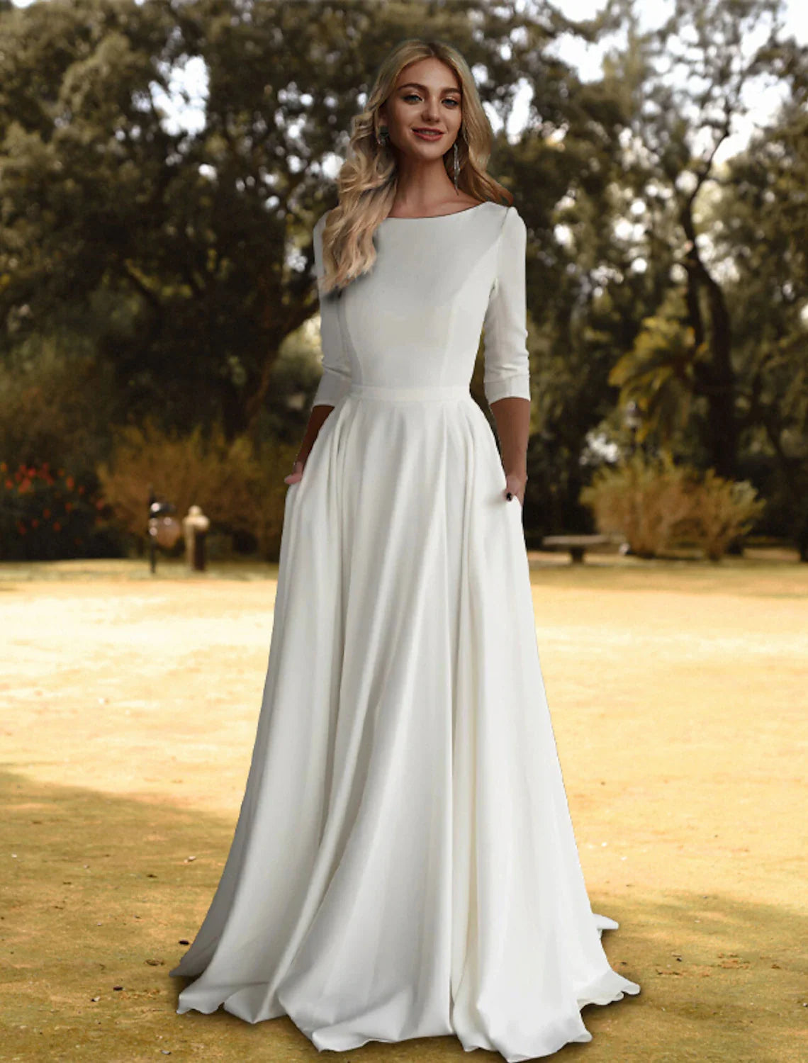 Hall Casual Fall Wedding Dresses A-Line Scoop Neck 3/4 Length Sleeve Sweep / Brush Train  Fabric Bridal Gowns With Pleats Solid Color  Summer Wedding Party, Women's Clothing