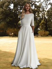 Hall Casual Fall Wedding Dresses A-Line Scoop Neck 3/4 Length Sleeve Sweep / Brush Train  Fabric Bridal Gowns With Pleats Solid Color  Summer Wedding Party, Women's Clothing