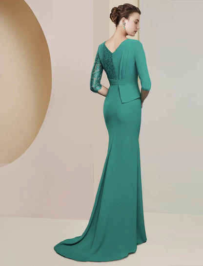 Sheath / Column Mother of the Bride Dress Formal Wedding Guest Party Elegant V Neck Floor Length Chiffon Lace Half Sleeve with Ruching by YiHuiw