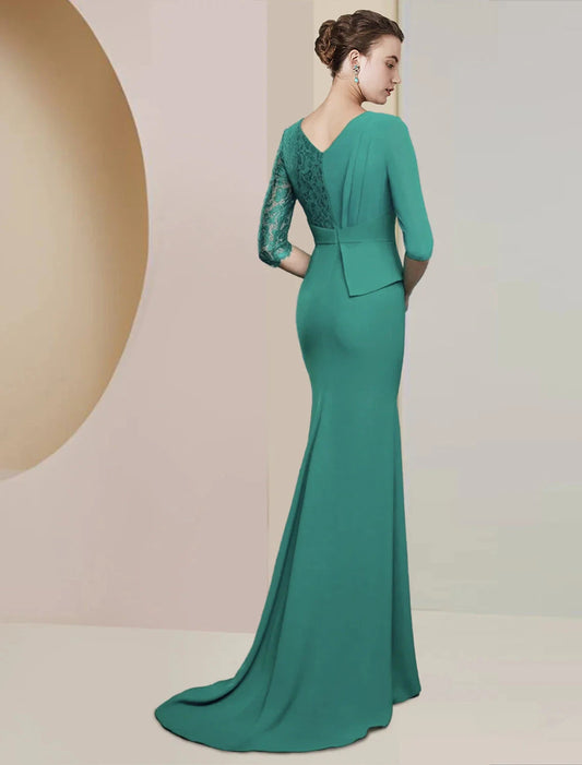 Sheath / Column Mother of the Bride Dress Formal Wedding Guest Party Elegant V Neck Floor Length Chiffon Lace Half Sleeve with Ruching by YiHuiw