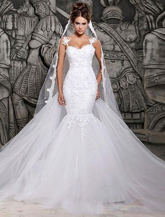 Engagement Open Back Formal Wedding Dresses Mermaid / Trumpet Sweetheart Cap Sleeve Court Train Lace Bridal Gowns With Summer Wedding Party Women's Clothing by YiHuiw