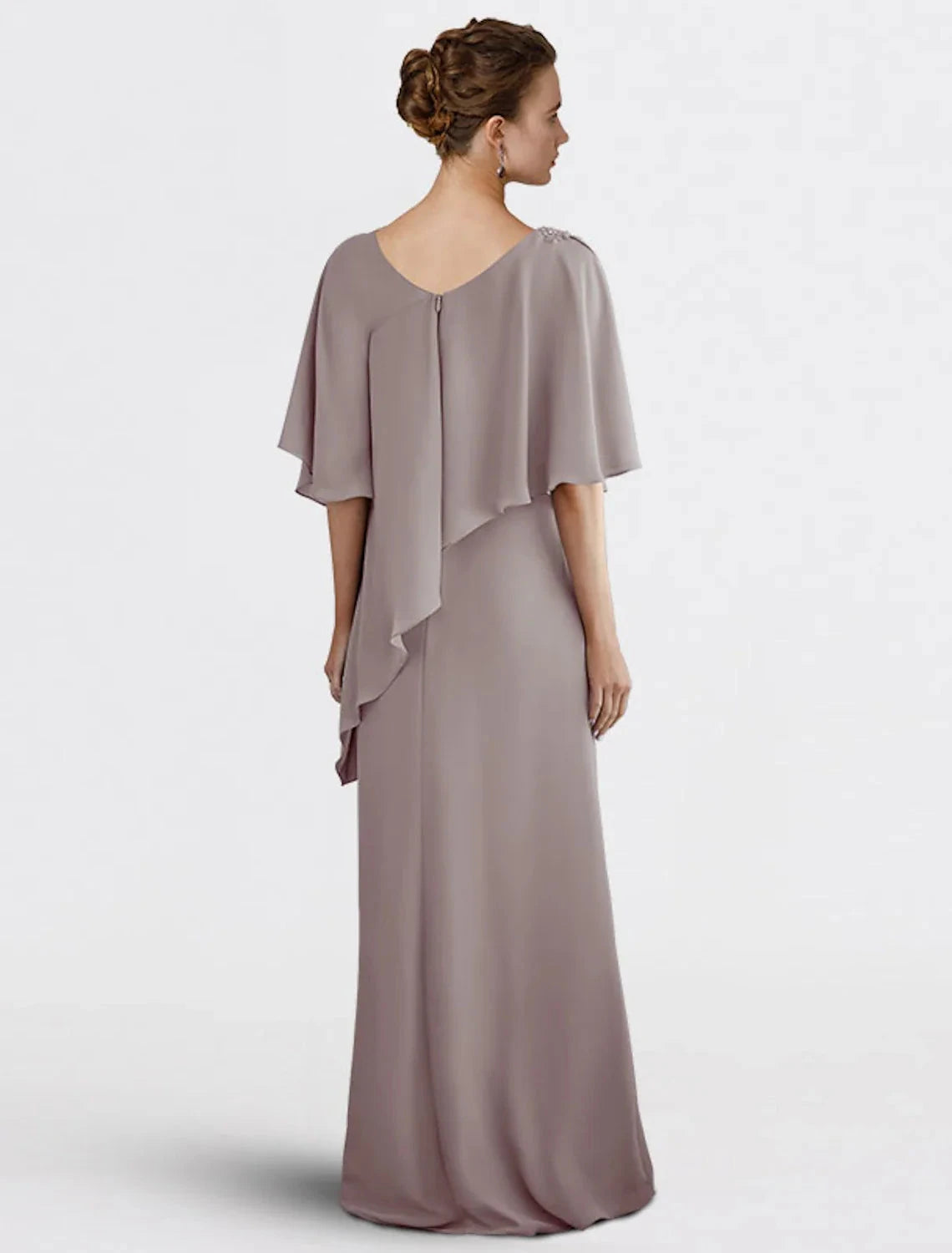 Sheath / Column Mother of the Bride Dress Wedding Guest Plus Size Elegant V Neck Floor Length Chiffon Half Sleeve with Beading Fall by YiHuiw