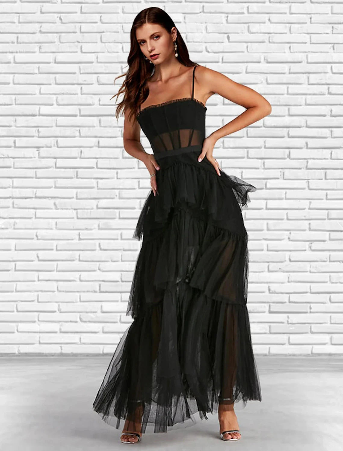 A-Line Prom Dresses Corsets Dress Party Wear Ankle Length Sleeveless Strapless Tulle Ladder Back with Ruffles Pure Color by YiHuiw