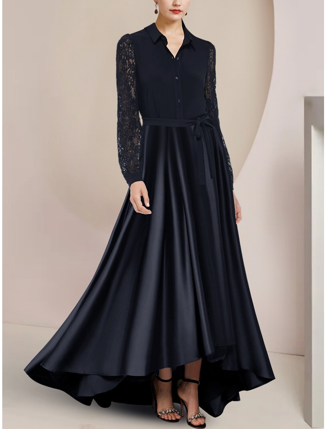 A-Line Mother of the Bride Dress Wedding Guest Party Elegant Shirt Collar Asymmetrical Floor Length Satin Long Sleeve with Lace Bow(s) Ruching by YiHuiw