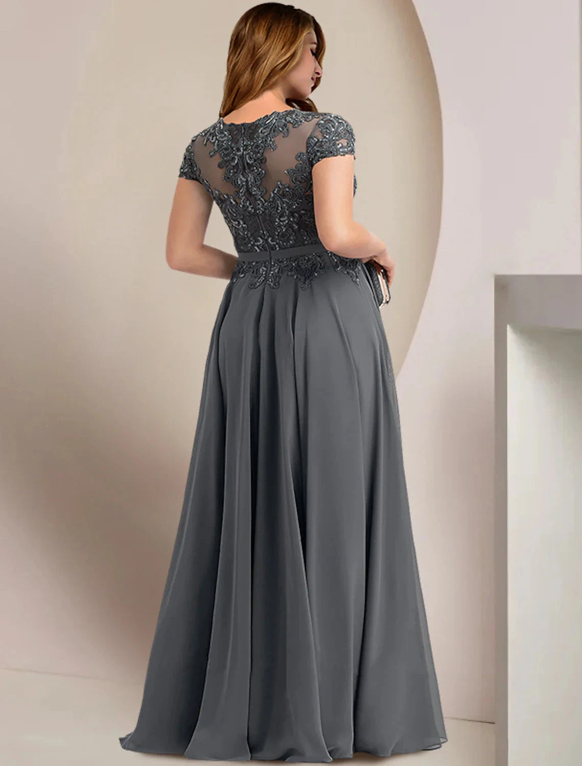 Mother of the Bride Dresses Plus Size Curve Hide Belly Wedding Guest Party Elegant Jewel Neck Floor Length Chiffon Lace Short Sleeve with Pleats Sequin by YiHuiw