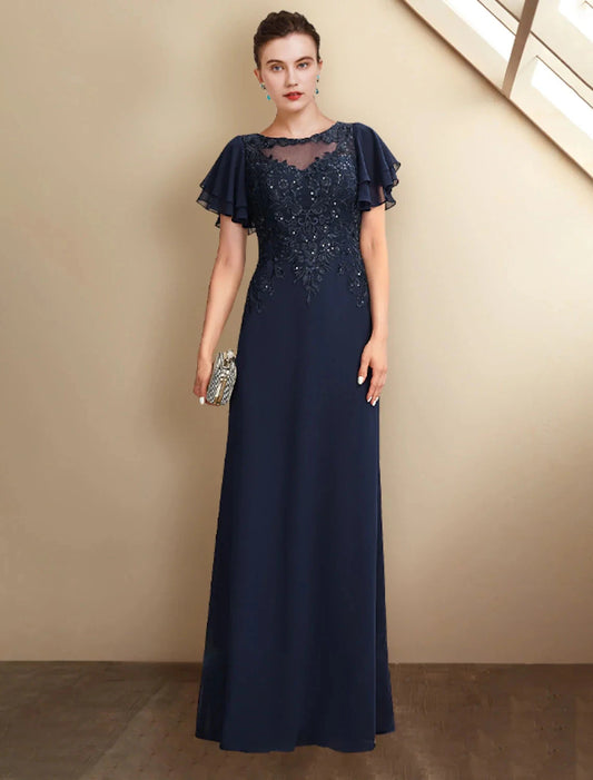 A-Line Mother of the Bride Dress Plus Size Elegant Jewel Neck Floor Length Chiffon Lace Short Sleeve with Sequin Appliques by YiHuiw