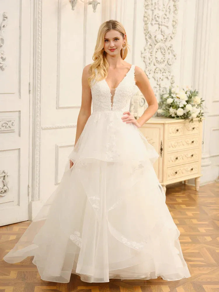 A-Line Tiered Floor-Length Wedding Dress - Yihuiw by Yihuiw