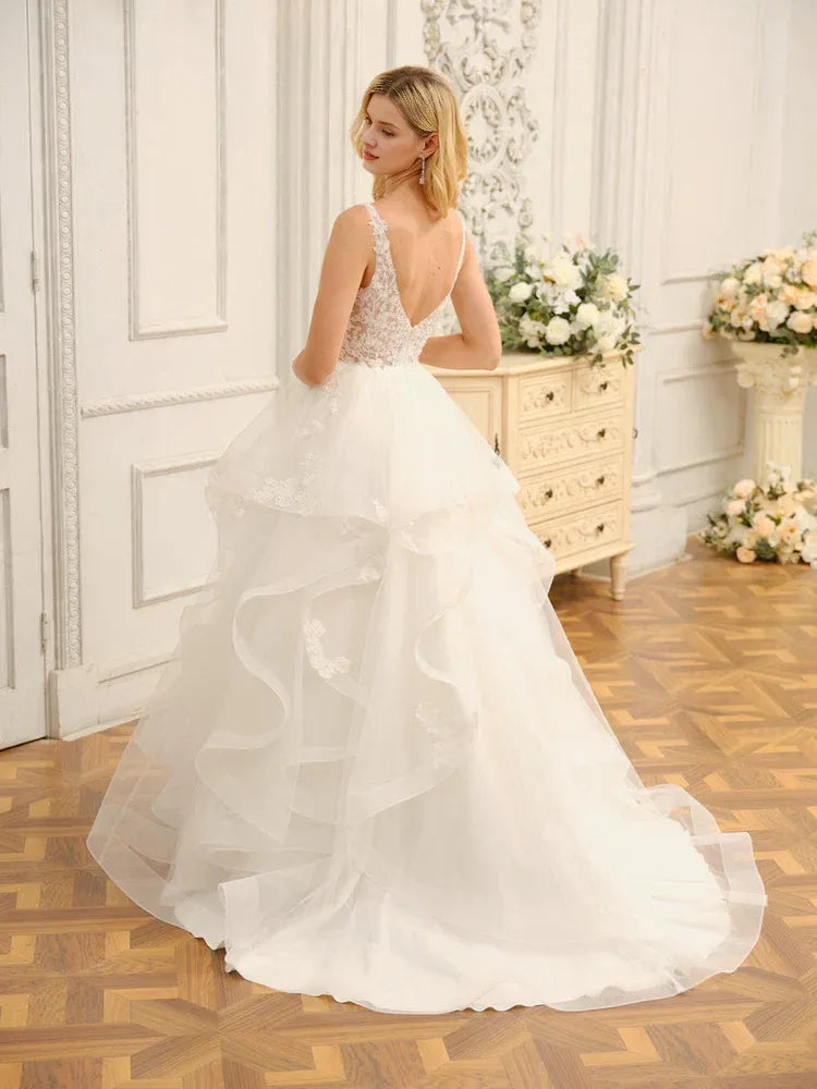 A-Line Tiered Floor-Length Wedding Dress - Yihuiw by Yihuiw