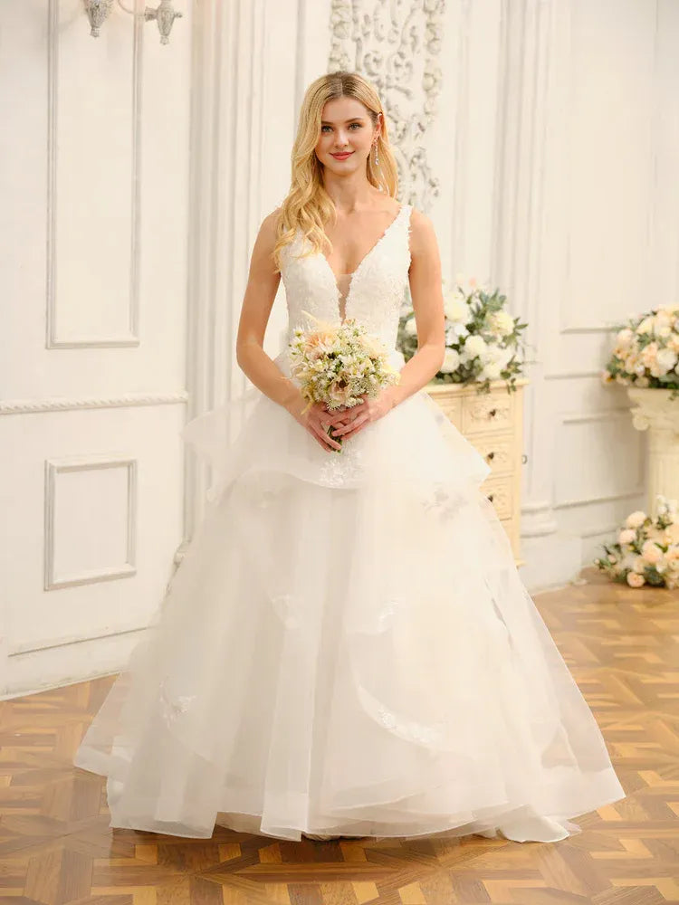 A-Line Tiered Floor-Length Wedding Dress - Yihuiw by Yihuiw