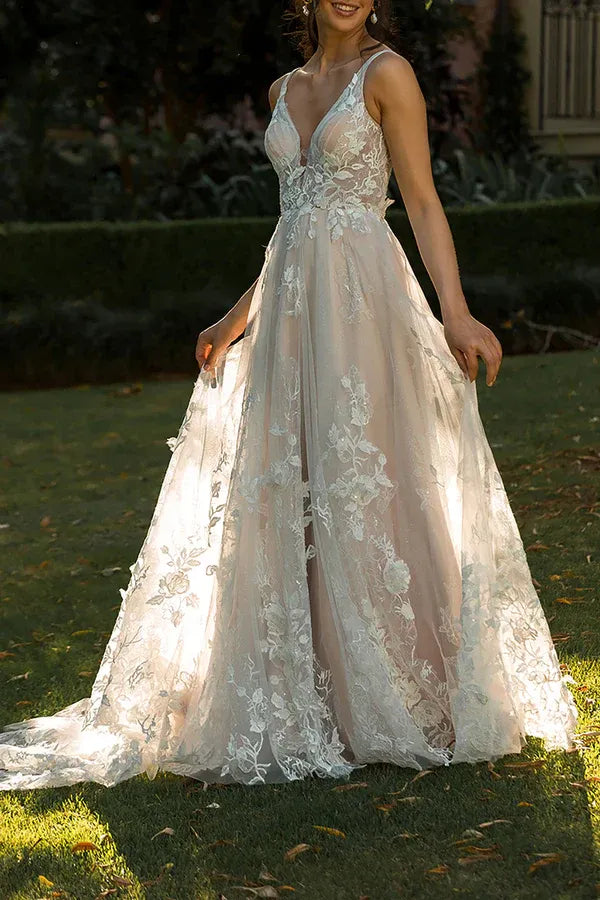 A-Line V-Neck Floor-Length Wedding Dress - Yihuiw by Yihuiw