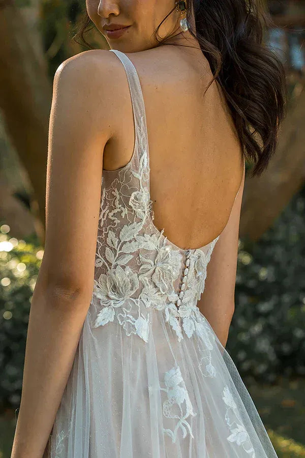 A-Line V-Neck Floor-Length Wedding Dress - Yihuiw by Yihuiw