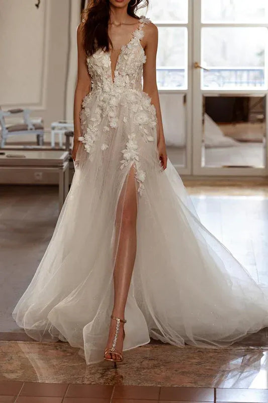 A-Line V-Neck Floor-Length Wedding Dress - Yihuiw by Yihuiw