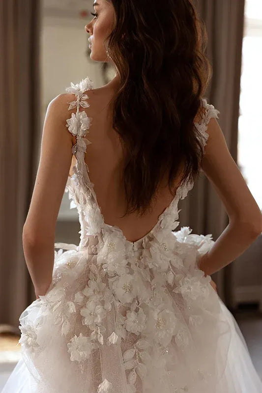 A-Line V-Neck Floor-Length Wedding Dress - Yihuiw by Yihuiw
