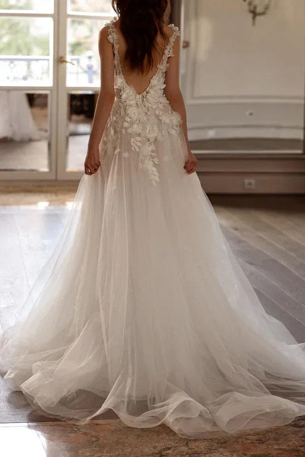 A-Line V-Neck Floor-Length Wedding Dress - Yihuiw by Yihuiw