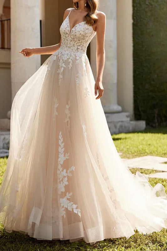 A-Line V-Neck Lace Floor-Length Wedding Dress - Yihuiw by Yihuiw
