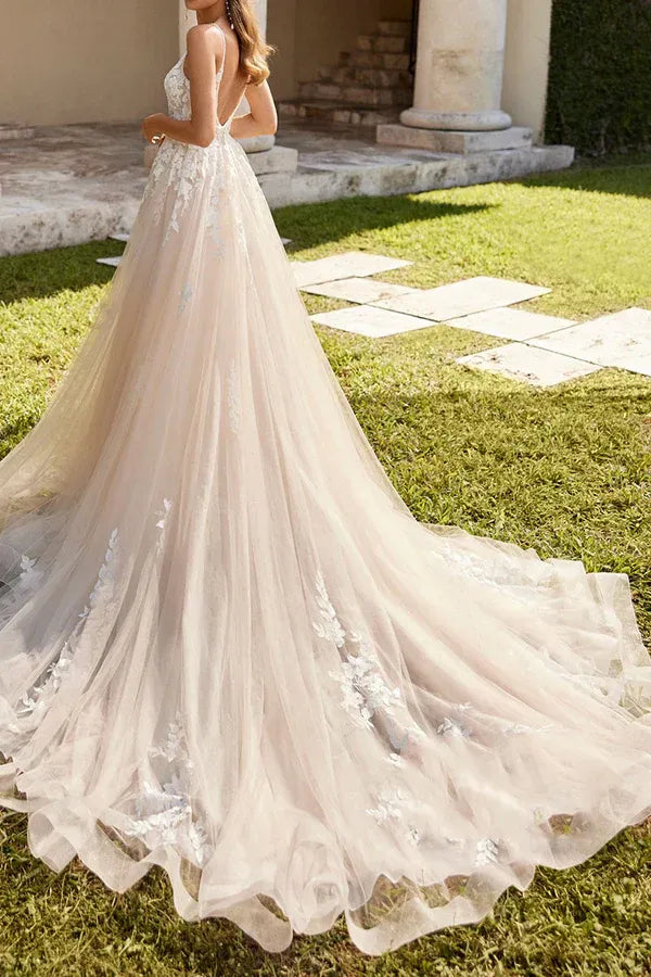A-Line V-Neck Lace Floor-Length Wedding Dress - Yihuiw by Yihuiw