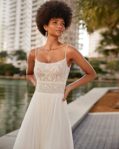 Spaghetti Strap Lace Bodice Tulle A-Line Wedding Dress with High Slit & Chapel Train