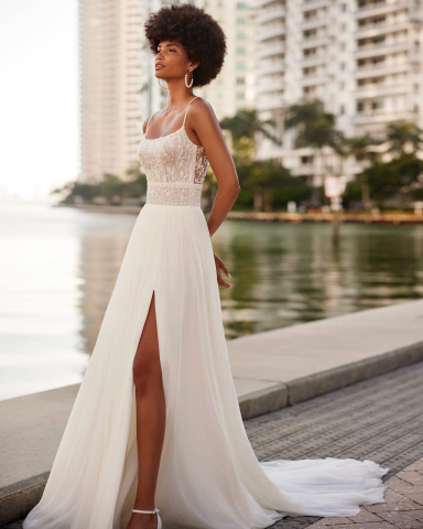 Spaghetti Strap Lace Bodice Tulle A-Line Wedding Dress with High Slit & Chapel Train