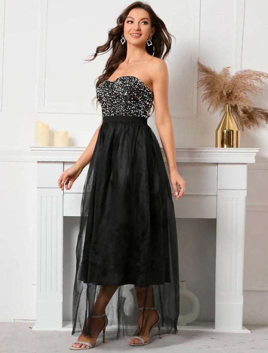 A-Line Party Dresses Vintage Dress Holiday Summer Floor Length Sleeveless Strapless Sequined with Sequin by YiHuiw