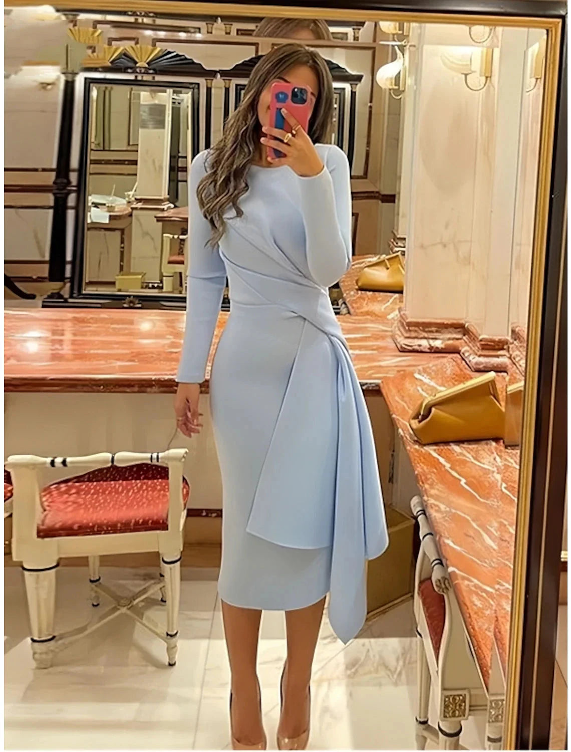 Sheath / Column Cocktail Dresses Elegant Dress Formal Fall Knee Length Long Sleeve Jewel Neck Fabric with Pleats Ruched by YiHuiw