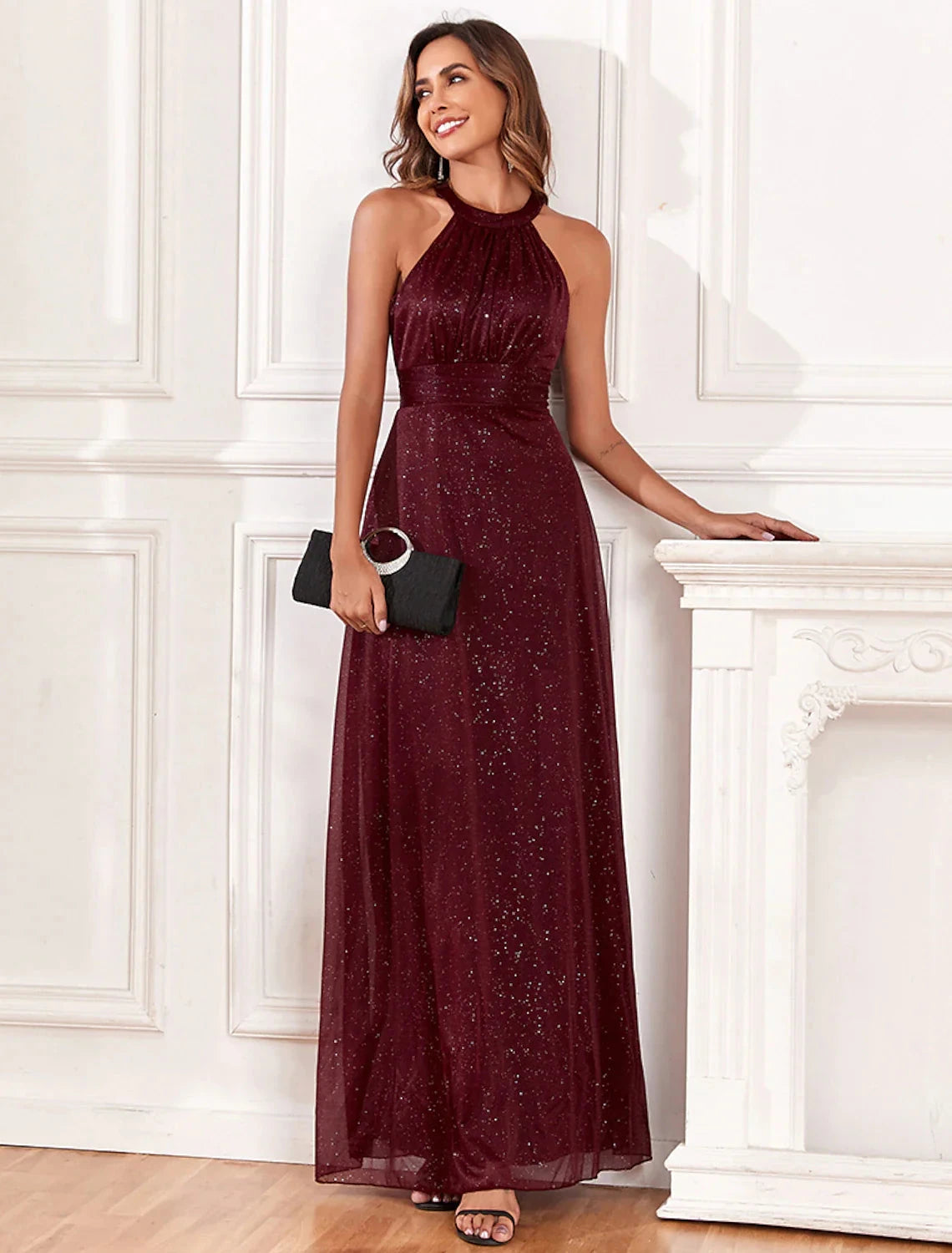 A-Line Evening Gown Empire Dress Evening Party Dress Wedding Reception Floor Length Sleeveless Halter Neck Polyester Backless V Back with Glitter by YiHuiw