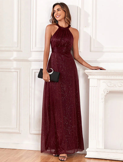 A-Line Evening Gown Empire Dress Evening Party Dress Wedding Reception Floor Length Sleeveless Halter Neck Polyester Backless V Back with Glitter by YiHuiw