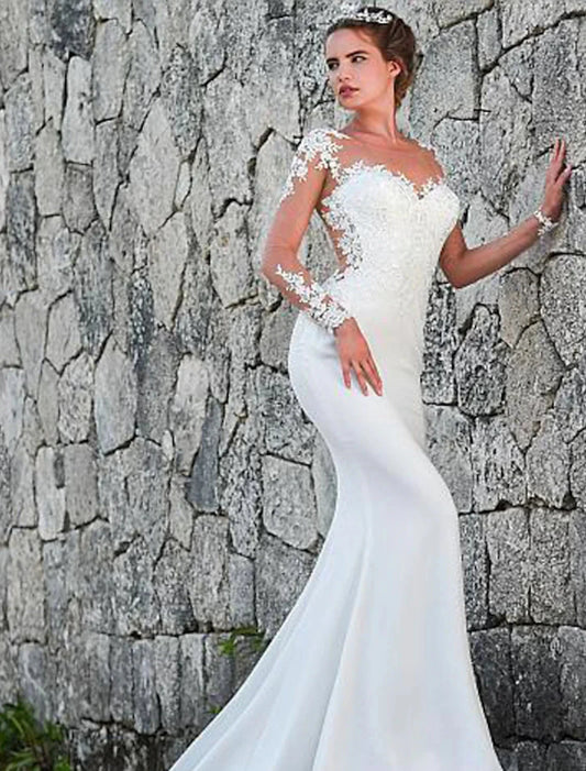 Engagement Open Back Formal Fall Wedding Dresses Mermaid / Trumpet Illusion Neck Long Sleeve Court Train Lace Bridal Gowns With Appliques Summer Wedding Party Women's Clothing by YiHuiw