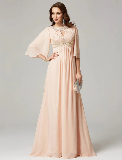 A-Line Mother of the Bride Dress Luxurious Elegant Jewel Neck Sweep / Brush Train Chiffon Half Sleeve with Pleats Beading by YiHuiw