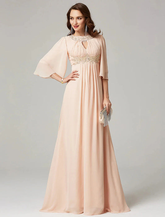 A-Line Mother of the Bride Dress Luxurious Elegant Jewel Neck Sweep / Brush Train Chiffon Half Sleeve with Pleats Beading by YiHuiw