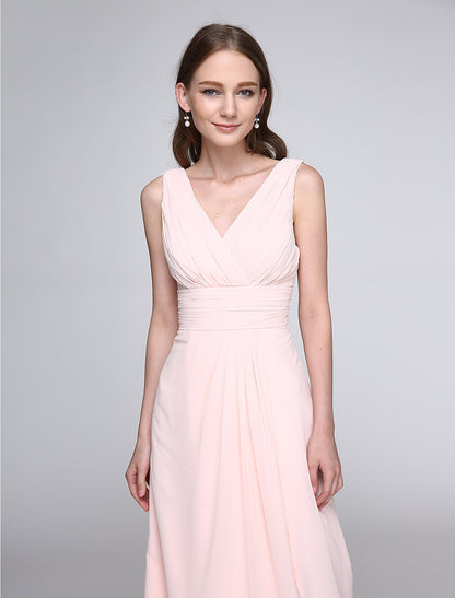 Sheath / Column Bridesmaid Dress V Neck Sleeveless Elegant Floor Length Chiffon with Criss Cross / Ruched by YiHuiw