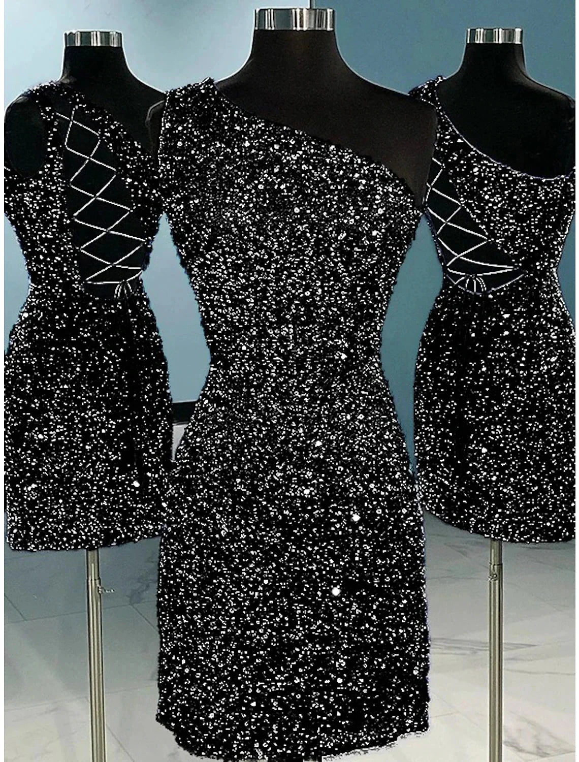 A-Line Sheath / Column Homecoming Dresses Sparkle & Shine Dress Holiday Graduation Short / Mini Sleeveless One Shoulder Sequined with Glitter Strappy by YiHuiw
