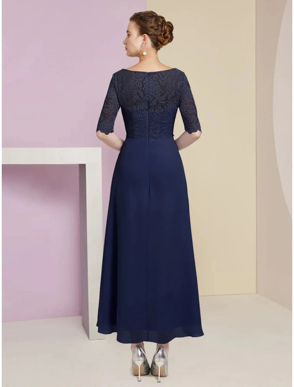 A-Line Mother of the Bride Dress Wedding Guest Elegant Scoop Neck Ankle Length Chiffon Half Sleeve with Crystals Ruching by YiHuiw