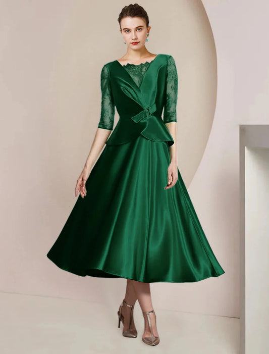 A-Line Mother of the Bride Dress Wedding Guest Party Elegant Scoop Neck Tea Length Satin Lace Half Sleeve with Bow(s) Ruching by YiHuiw