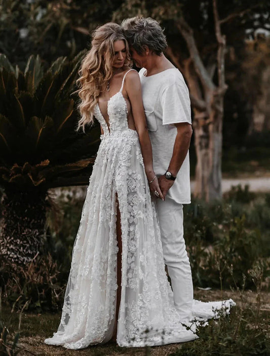 Beach Sexy Boho Wedding Dresses A-Line Sweetheart Camisole Spaghetti Strap Court Train Lace Outdoor Bridal Gowns With Appliques Split Front Summer Wedding Party, Women‘s Clothing by YiHuiw