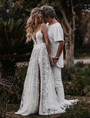 Beach Sexy Boho Wedding Dresses A-Line Sweetheart Camisole Spaghetti Strap Court Train Lace Outdoor Bridal Gowns With Appliques Split Front  Summer Wedding Party, Women‘s Clothing