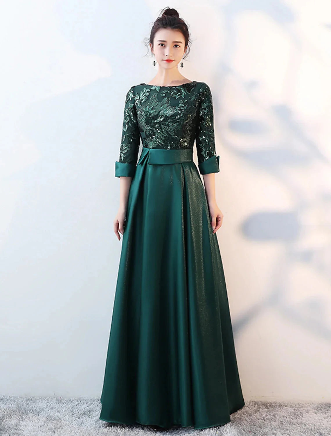 A-Line Bridesmaid Dress Jewel Neck Long Sleeve Beautiful Back Floor Length Satin / Tulle / Sequined with Sash / Ribbon / Pleats by YiHuiw