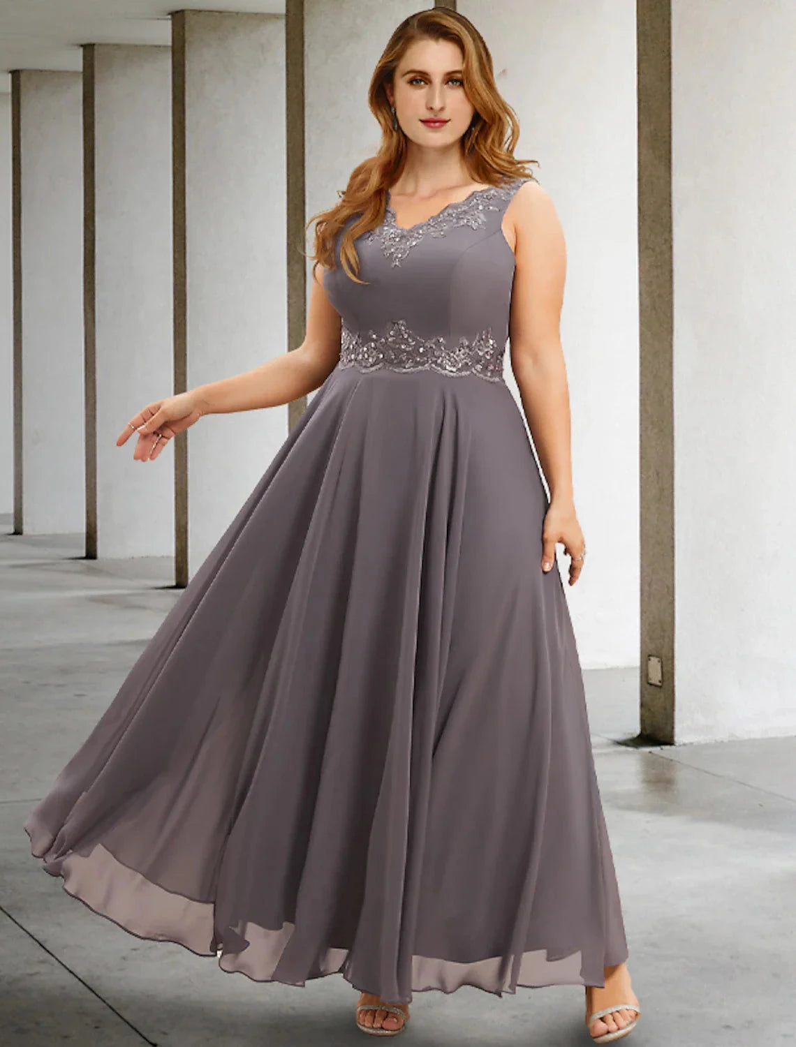 Two Piece A-Line Wedding Guest Dresses Plus Size Hide Belly Elegant Dress Formal Tea Length Sleeveless V Neck Chiffon with Appliques by YiHuiw