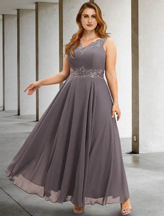 Two Piece A-Line Wedding Guest Dresses Plus Size Hide Belly Elegant Dress Formal Tea Length Sleeveless V Neck Chiffon with Appliques by YiHuiw