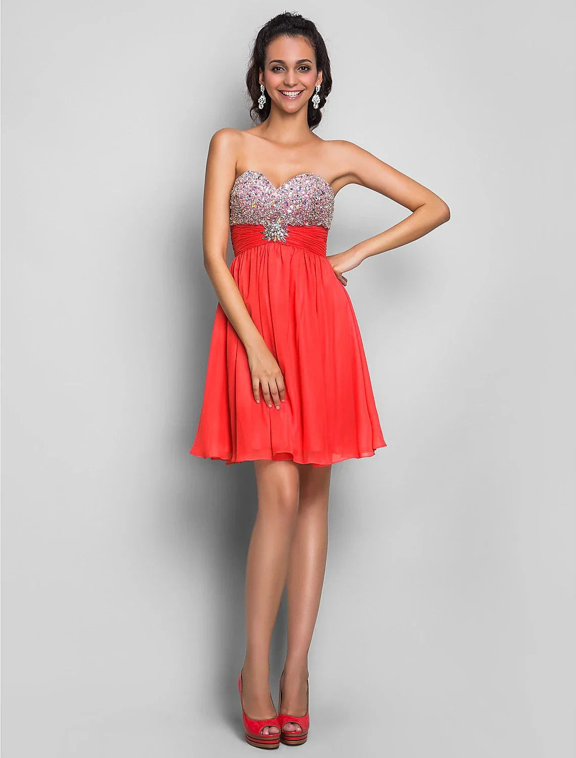 A-Line Cute Dress Wedding Guest Cocktail Party Short / Mini Sleeveless Sweetheart Pink Dress Chiffon with Ruched Crystals Beading by YiHuiw