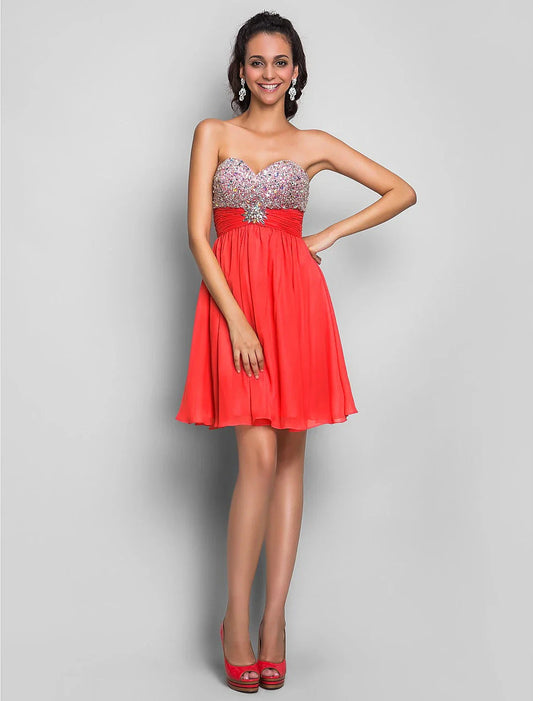 A-Line Cute Dress Wedding Guest Cocktail Party Short / Mini Sleeveless Sweetheart Pink Dress Chiffon with Ruched Crystals Beading by YiHuiw