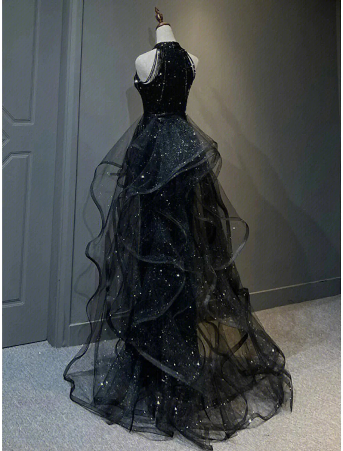 A-Line Prom Black Dress Vintage Dress Wedding Party Birthday Sweep / Brush Train Sleeveless Halter Neck Wednesday Addams Family Sequined with Crystals Sequin Ruffles by YiHuiw